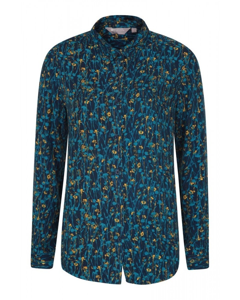 Daisy Womens Printed Long-Sleeve Shirt Blue $12.50 Tops