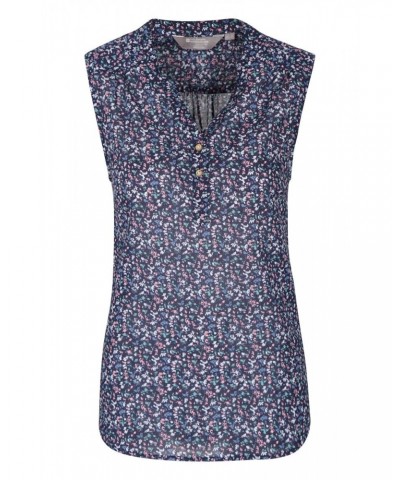 Petra Womens Printed Sleeveless Shirt Navy $12.50 Tops