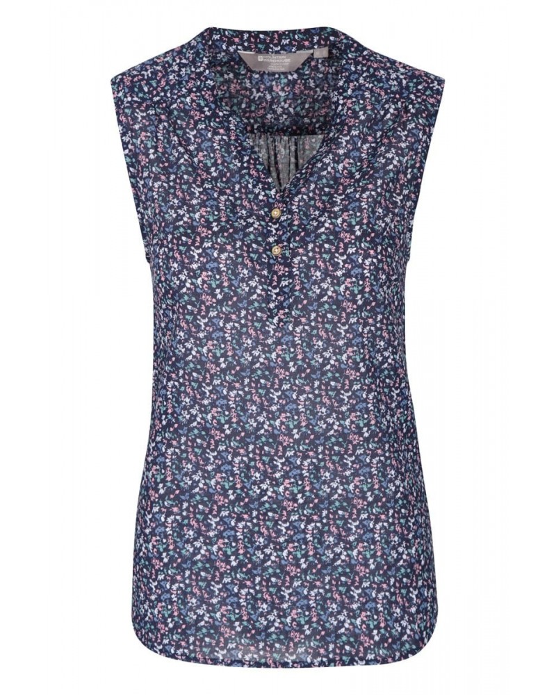 Petra Womens Printed Sleeveless Shirt Navy $12.50 Tops