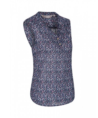 Petra Womens Printed Sleeveless Shirt Navy $12.50 Tops