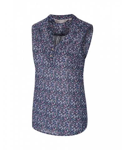 Petra Womens Printed Sleeveless Shirt Navy $12.50 Tops