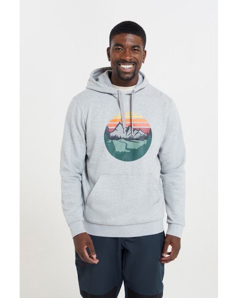 Circular Sunset Mountain Mens Graphic Hoodie Grey $15.84 Tops