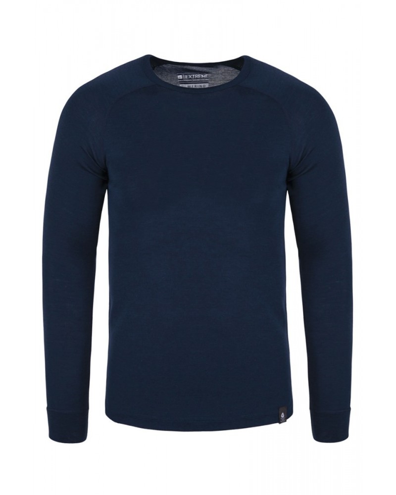 Merino Mens Long Sleeved Round Neck Top Navy $17.76 Thermals